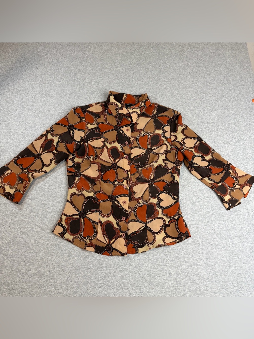 Vtg Aziz Button Down Blouse Y2K 90s Retro Size Medium Heart Floral Bell Sleeves
